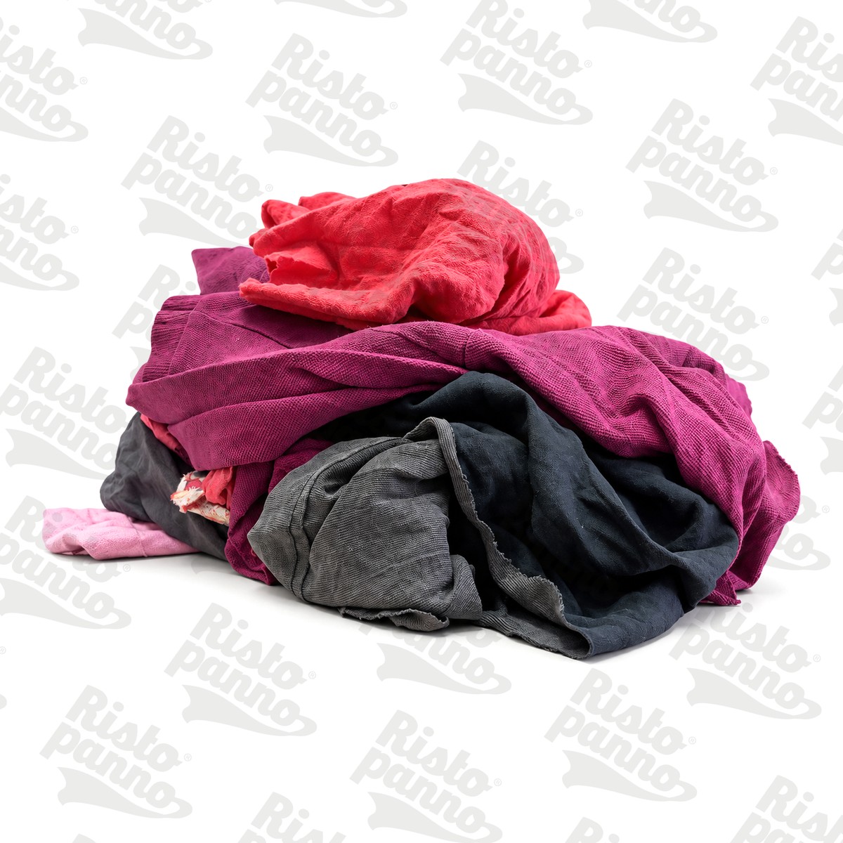 Stracci in maglina colorata per officina: panni rossi, fucsia, grigi e neri
