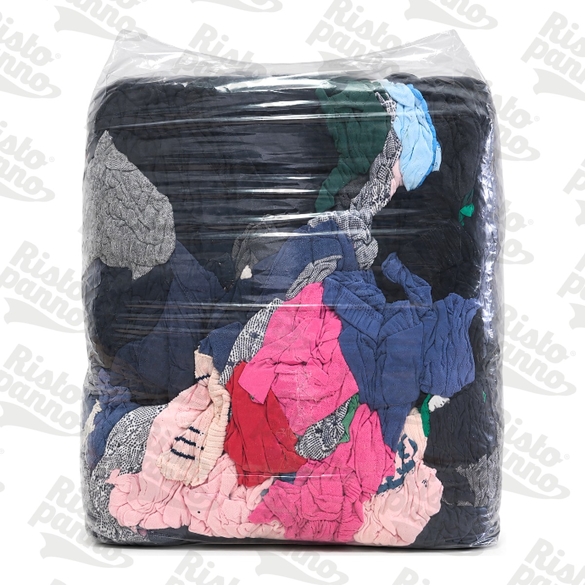 Box di stracci in maglina colorata visto dall’altro lato: panni blu scuro, grigi, rosa e rossi