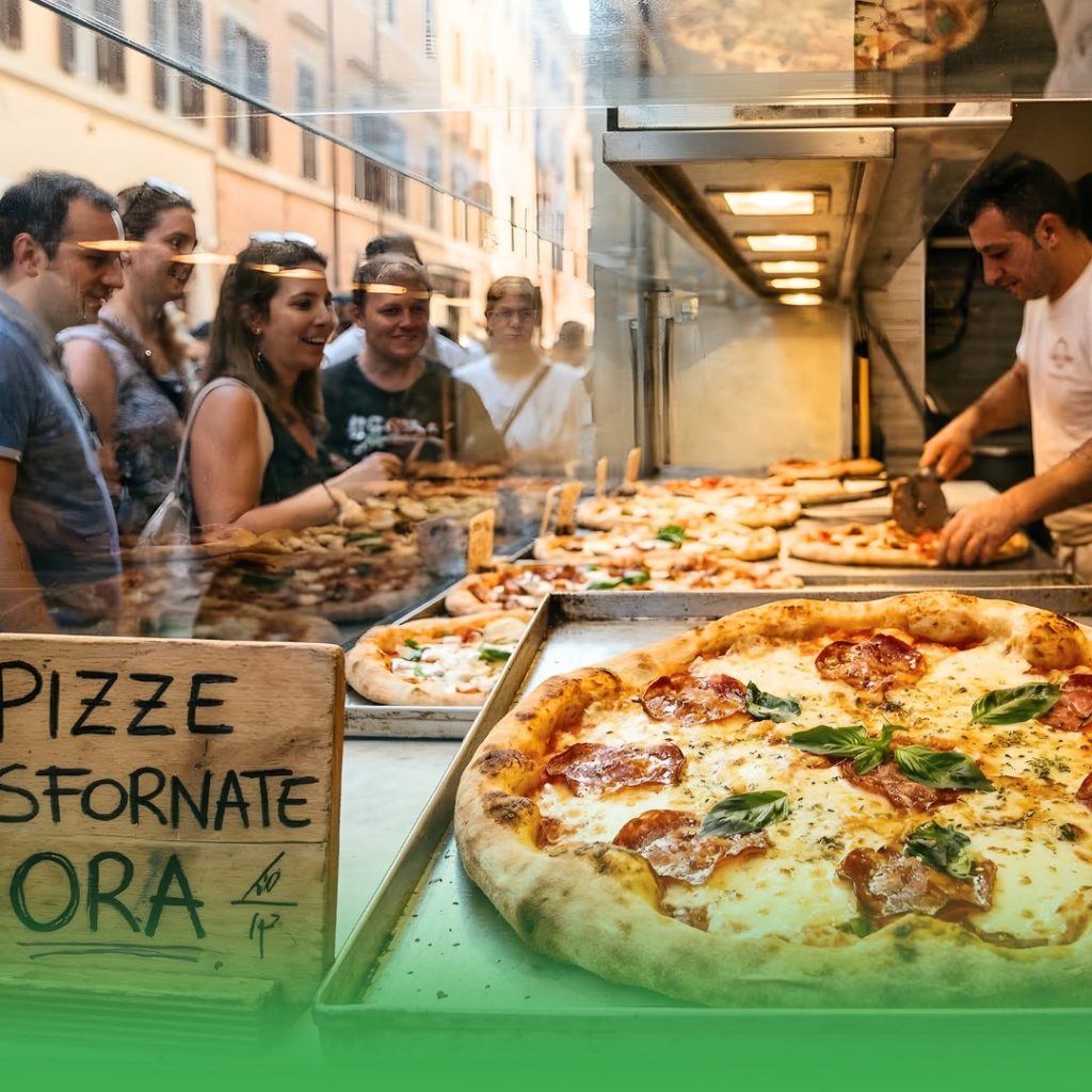 Il banco di una pizzeria durante il servizio, con le pizze appena sfornate