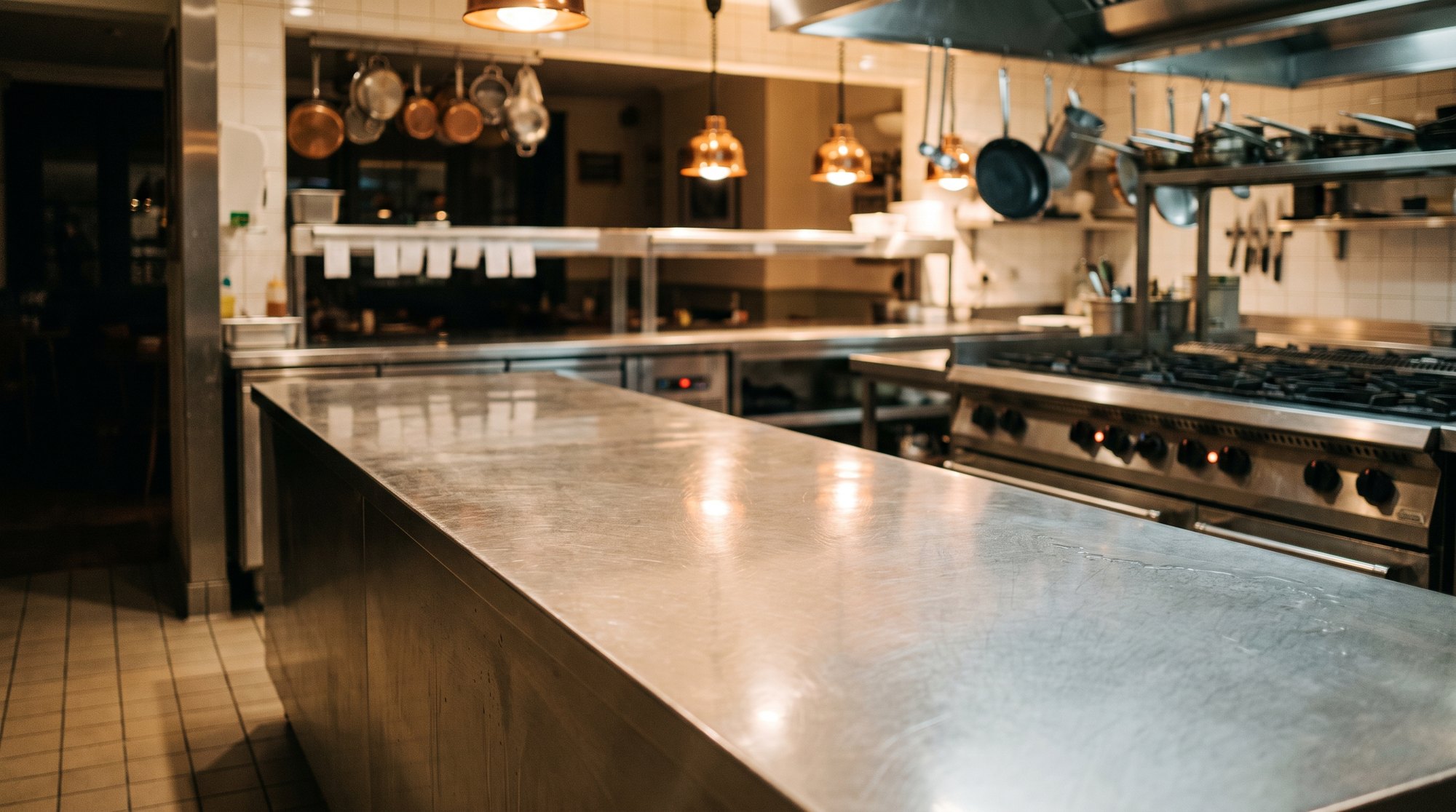 Il piano d’acciaio di una cucina di ristorante a fine servizio