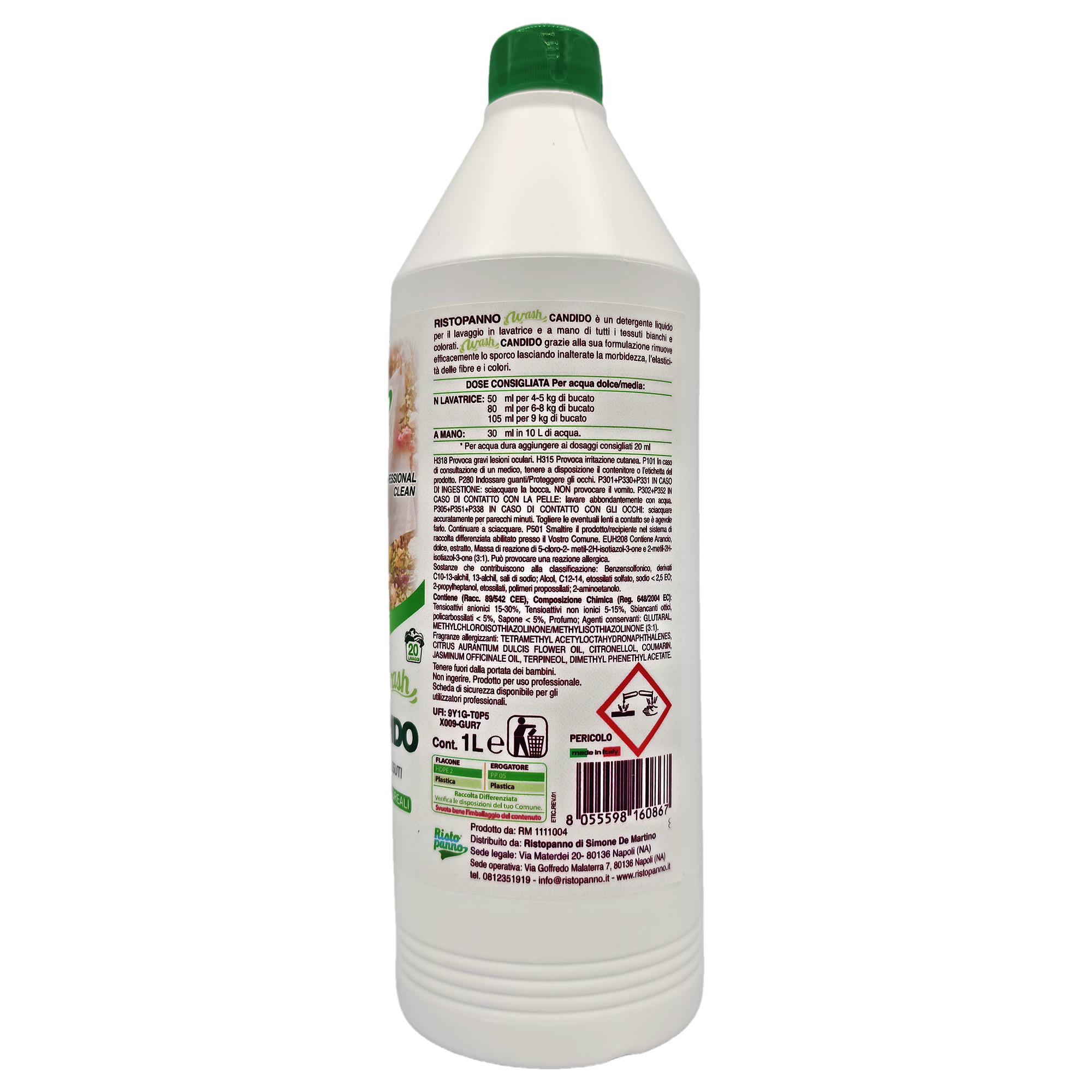 Wash Candido 1 L, retro del flacone: modo d’uso, avvertenze di sicurezza e composizione