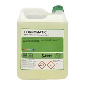Tanica da 5 litri di Fornomatic, detergente per forni autopulenti, con il simbolo di corrosione sull’etichetta