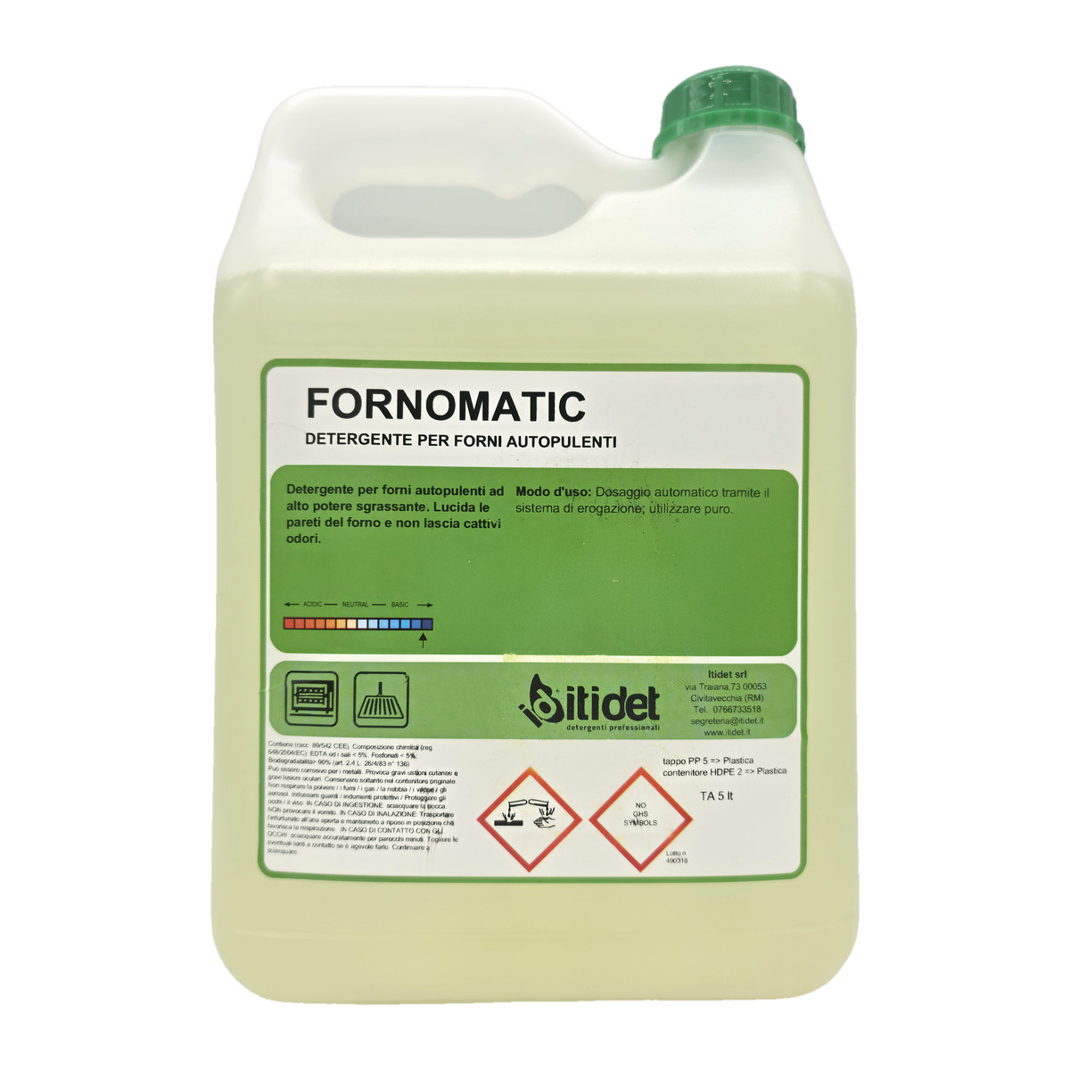 Tanica da 5 litri di Fornomatic, detergente per forni autopulenti, con il simbolo di corrosione sull’etichetta