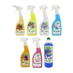 Kit pulizia pizzeria: flaconi Splash Grill, Forte, San+, Rapido, Pulitutto e Bagno da 750 mL e Splash Floor da 1 L