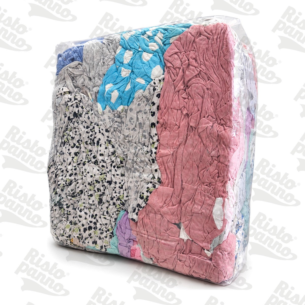 Box di stracci in cotone chiaro visto di tre quarti: rosa, azzurro a pois e fantasie