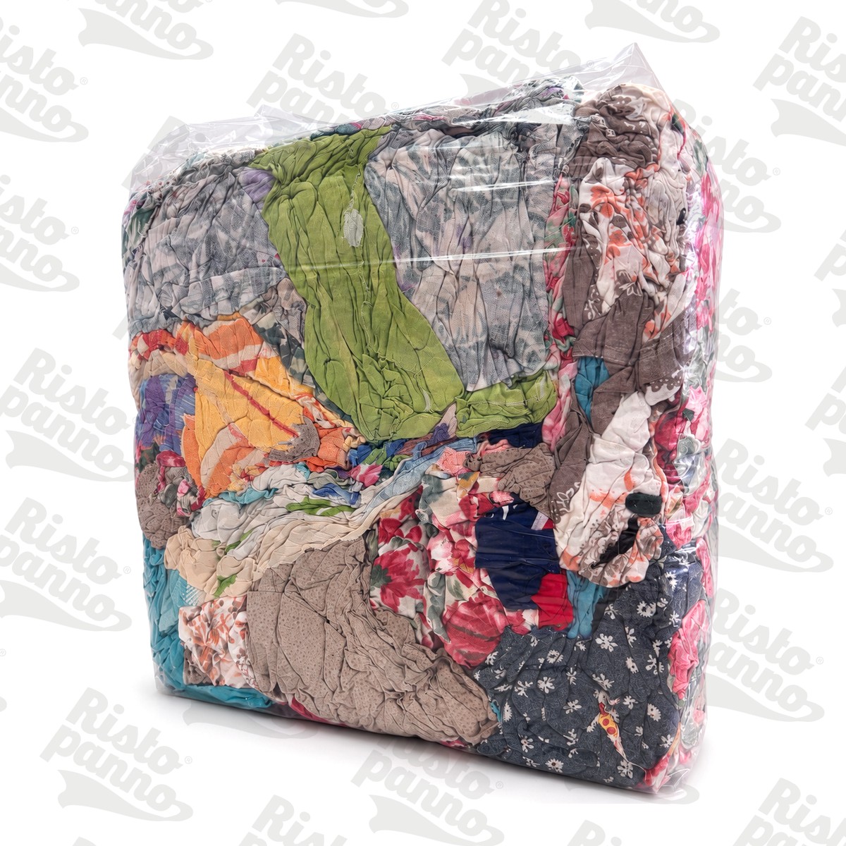 Box di stracci di cotone misto visto di tre quarti: fantasie, verde, arancio e fiori