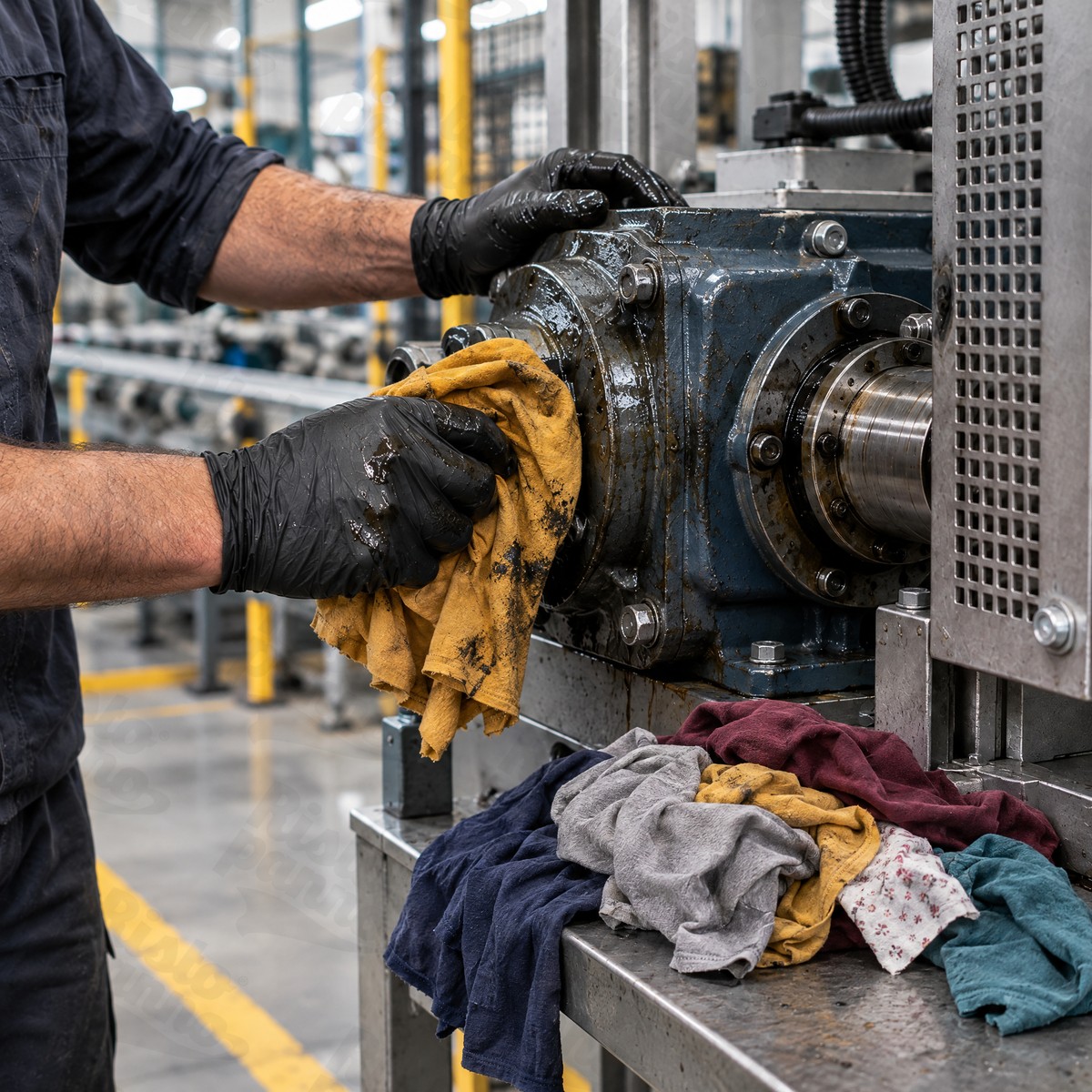 Tecnico della manutenzione pulisce il riduttore di una macchina industriale con stracci in maglina colorata