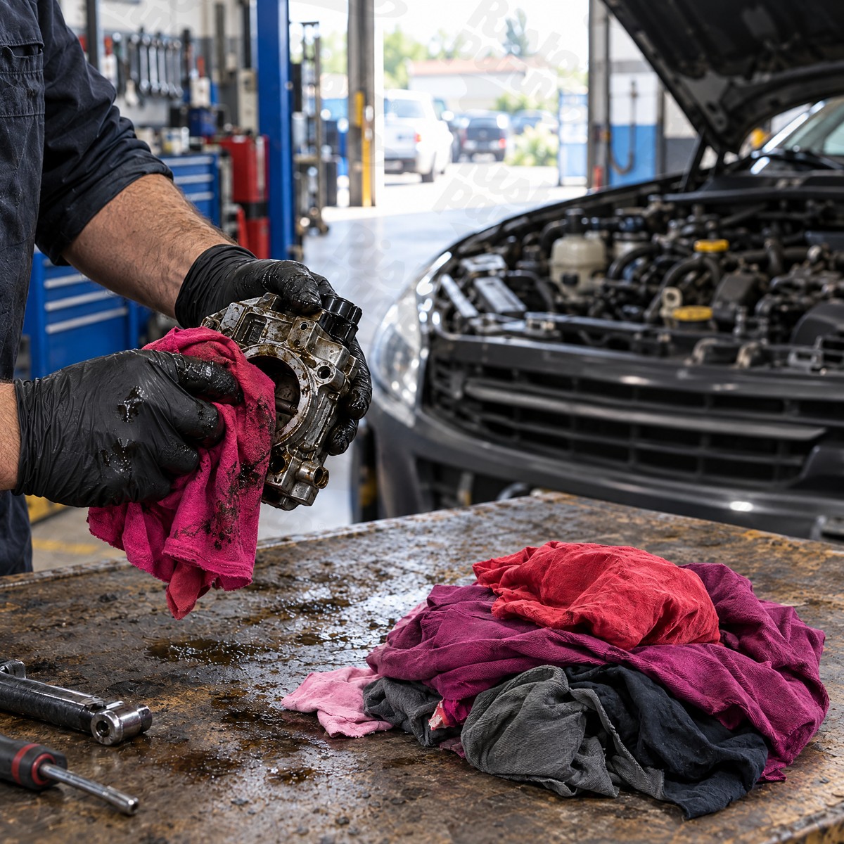 Meccanico in officina pulisce un pezzo di motore con stracci in maglina colorata