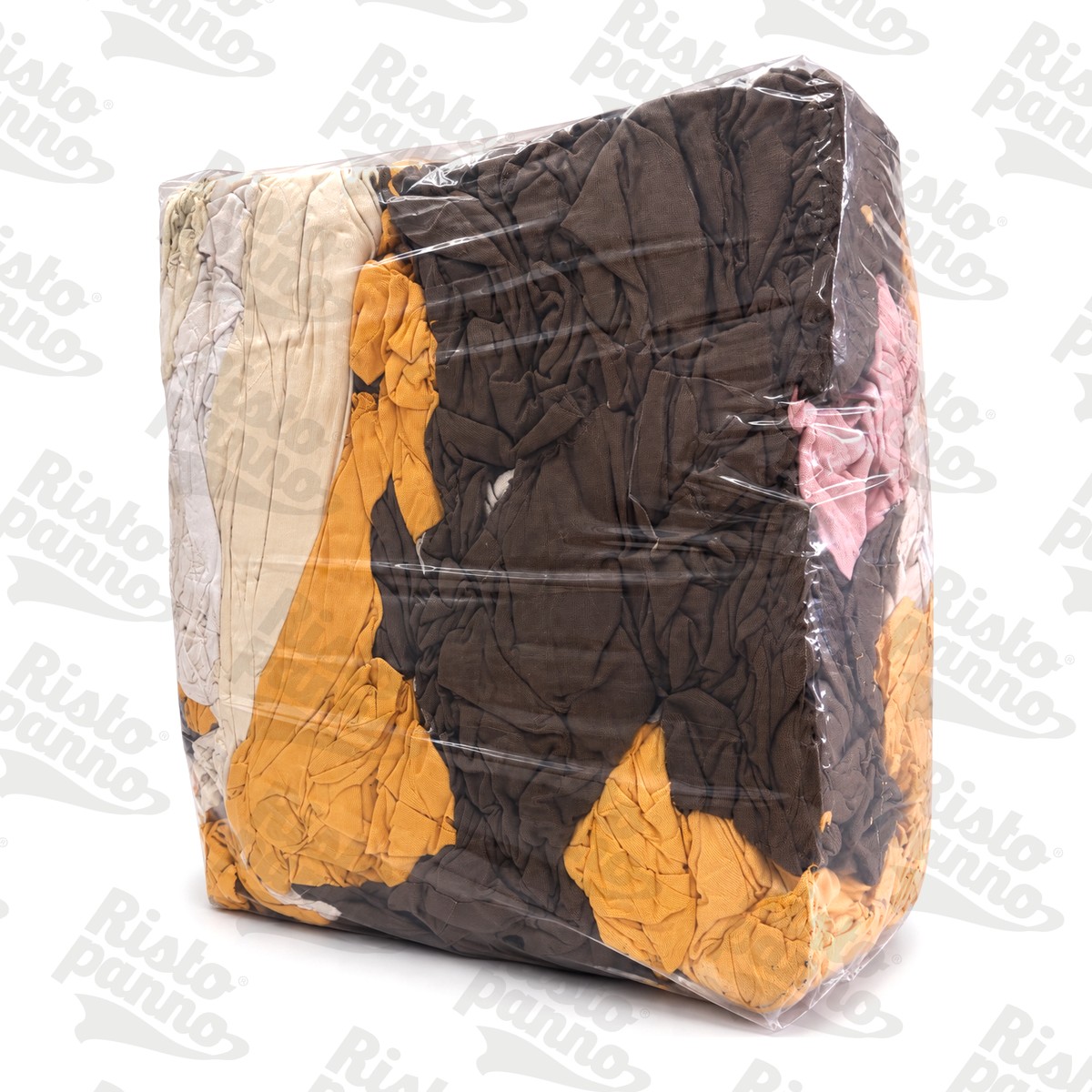 Box di stracci di tovagliato colorato visto di tre quarti: tessuti marroni, arancio e crema
