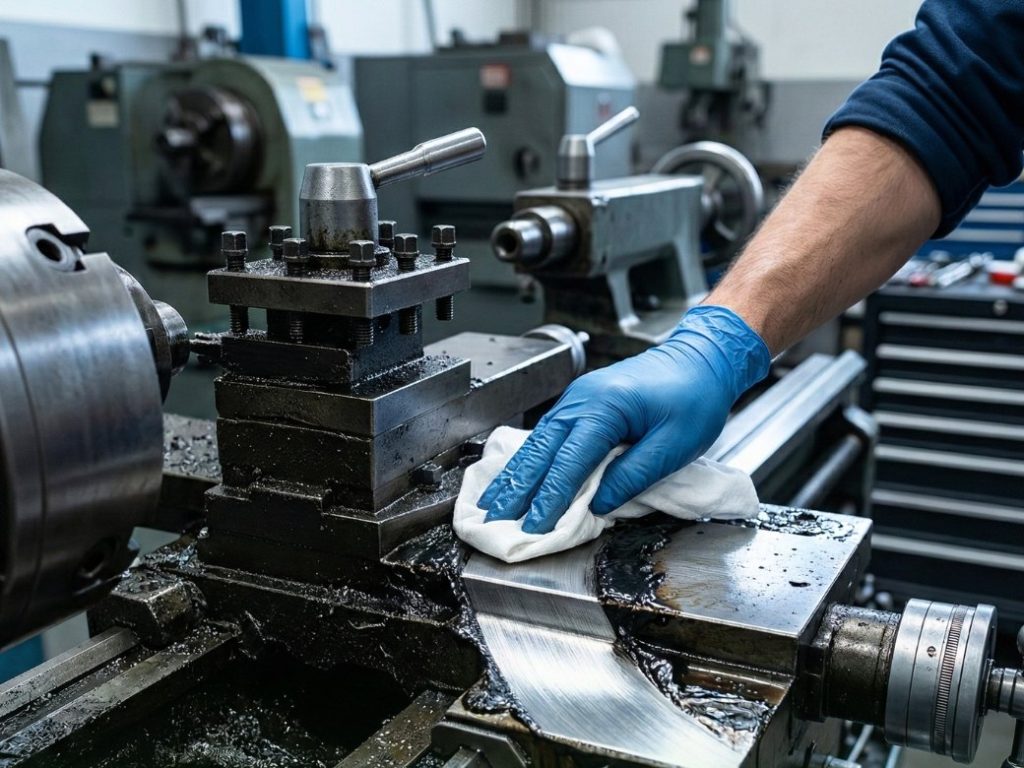 Mano con guanto blu pulisce con un panno bianco il carrello di un tornio in officina