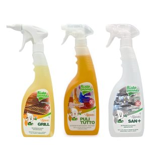 Splash Grill, Splash Pulitutto e Splash San+ da 750 mL, i tre flaconi del kit Cucina pulita