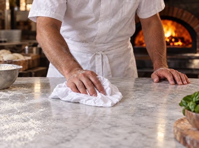 Un pizzaiolo pulisce con un panno bianco di cotone il banco di marmo infarinato, davanti al forno a legna